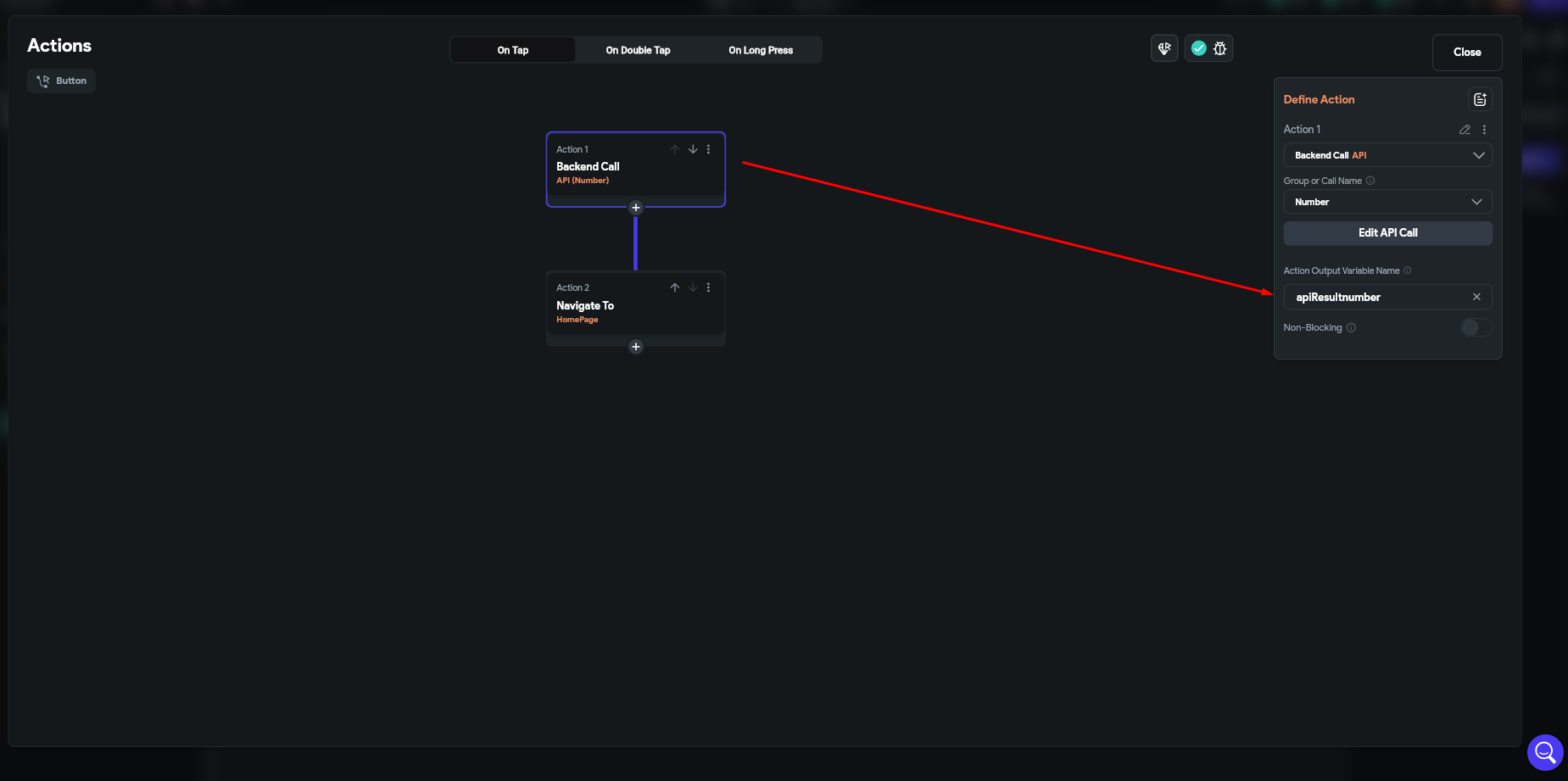 Настройка действия