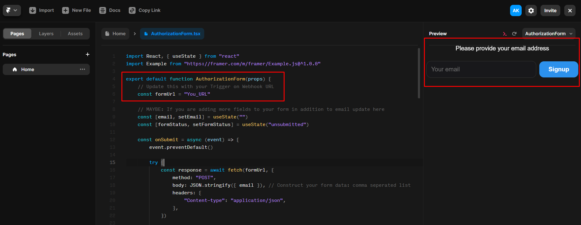Предпросмотр формы