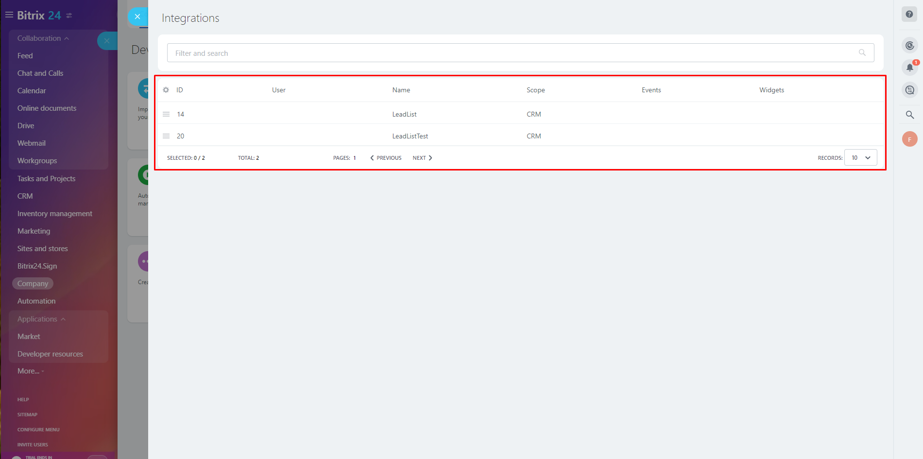 Список вебхуков