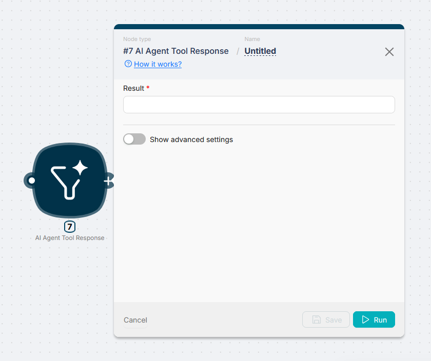 Панель узла AI Agent Tool Response: одно поле для данных ответа инструмента