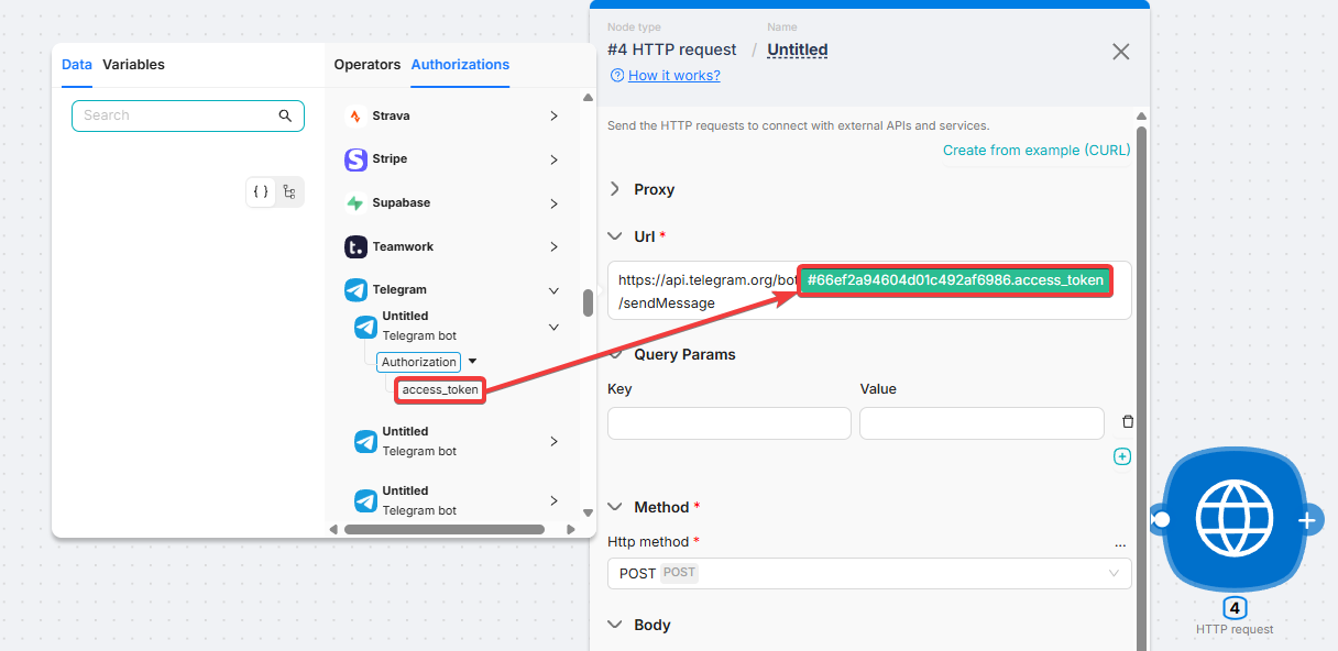 Подстановка авторизации: вкладка Authorizations с выбором токена Telegram