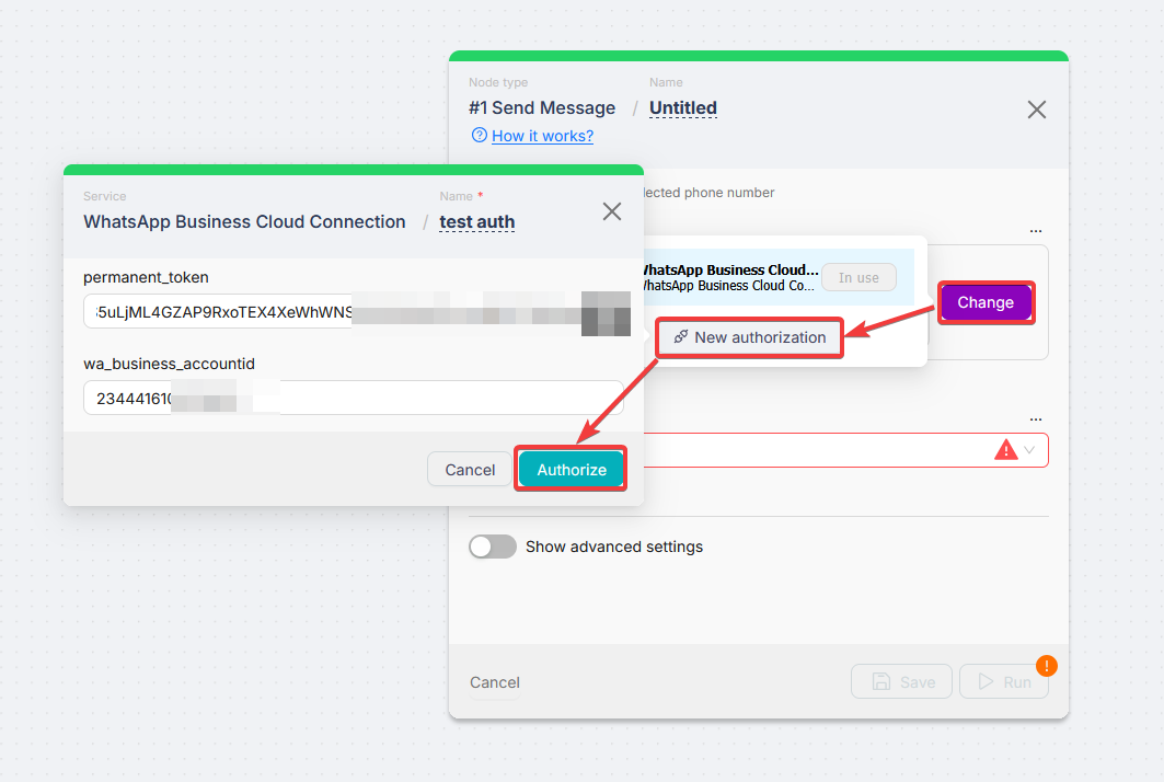 WhatsApp Business Cloud — создание авторизации на узле