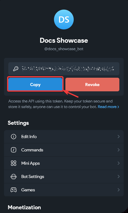 Сообщение с токеном BotFather