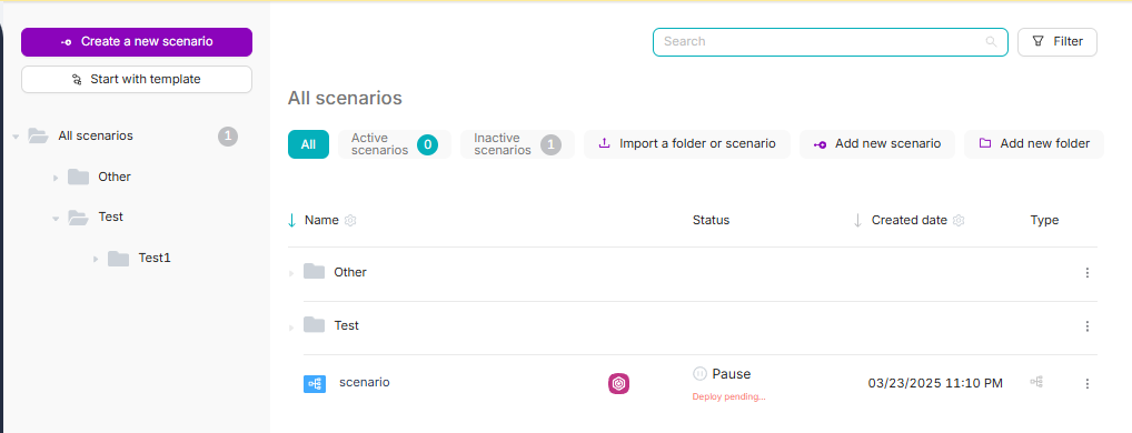 Страница сценариев: папки и сценарии
