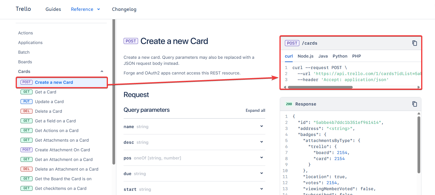 Страница "Create a new Card": пример cURL в блоке справа