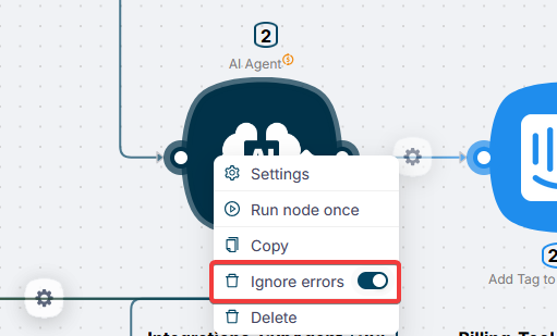 Настройки игнорирования ошибок в расширенных настройках узла