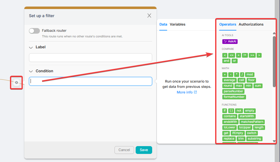 Поле настройки узла