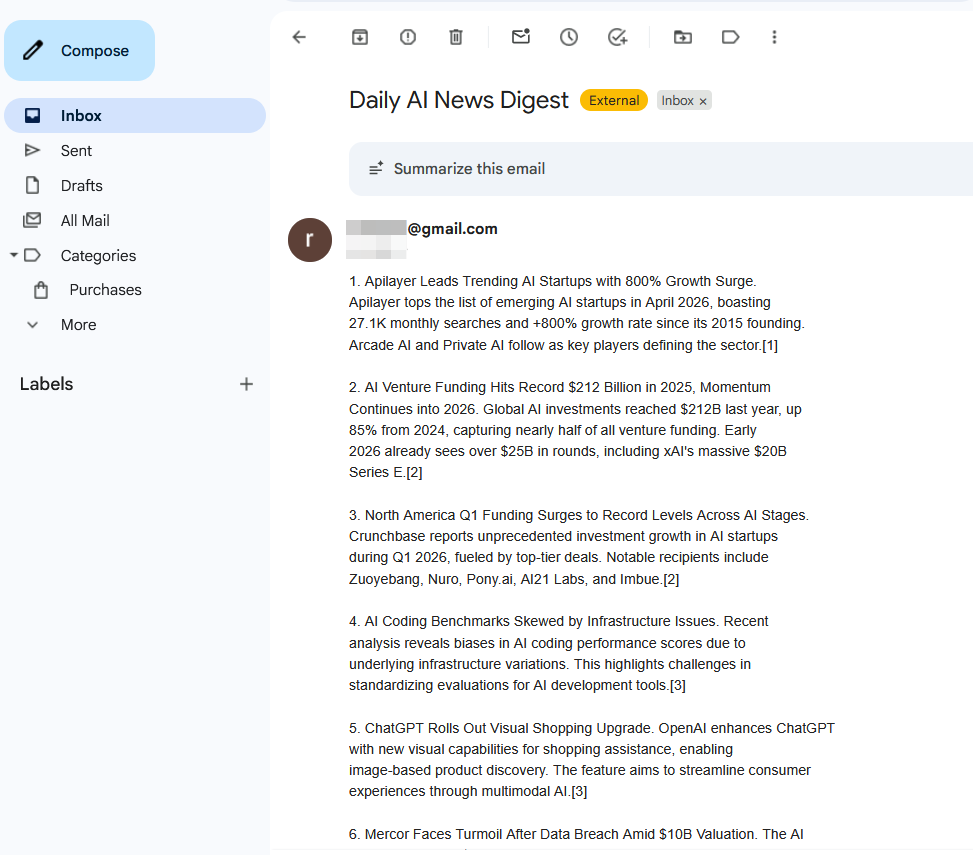 Письмо в почте: дайджест из сценария пришёл на указанный адрес