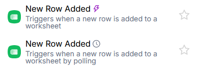 Два триггера «New Row Added»: с иконкой молнии (Instant) и с иконкой часов (Polling)