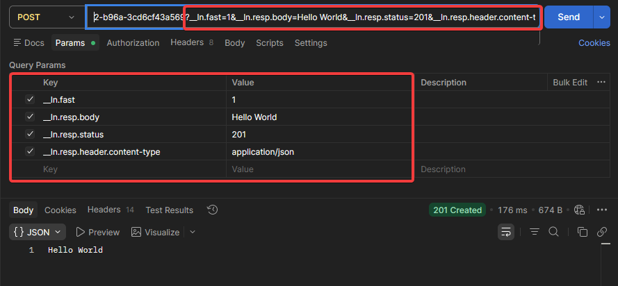 Postman — запрос с параметрами __ln.resp.* и ответом 201 Created
