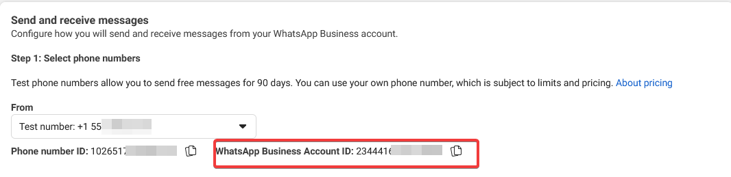Meta API Setup — тестовый номер и WhatsApp Business Account ID