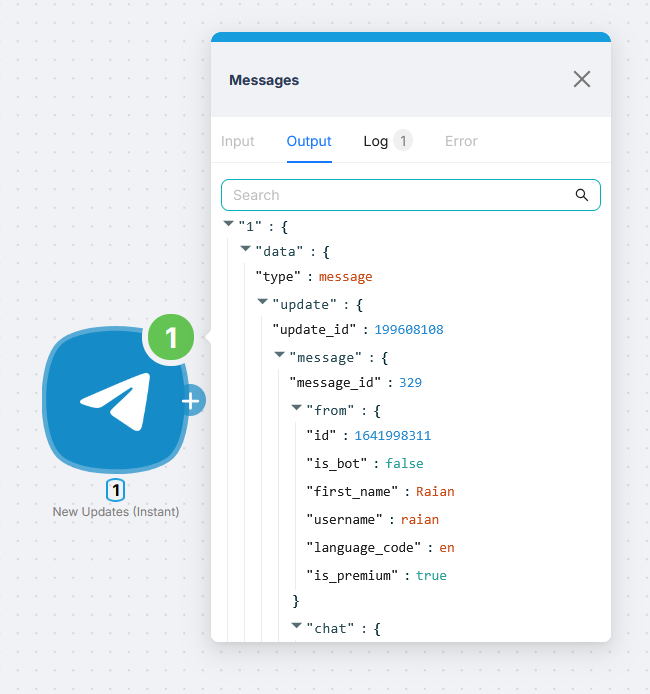 Зелёный кружок на узле Telegram и открытая панель с вкладкой Output - развёрнутые поля с данными: update_id, message, from, chat