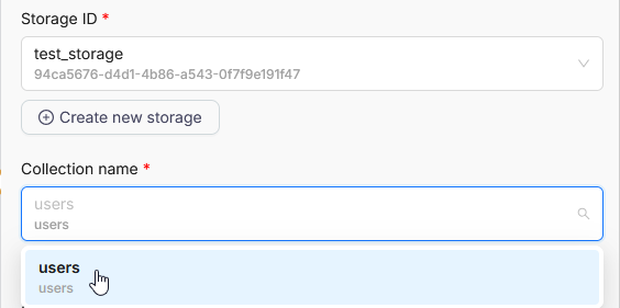 Поля Storage ID и Collection name в узле