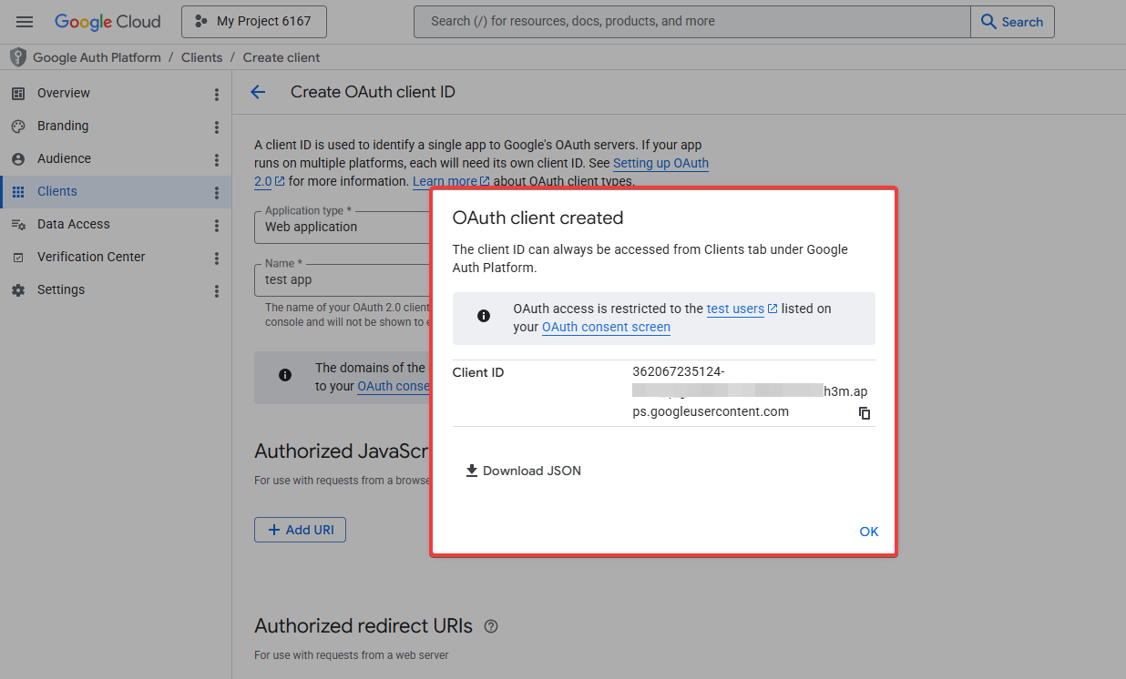 Поп-ап после создания OAuth-клиента с Client ID