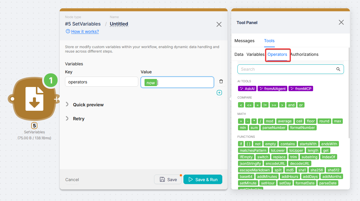 Вкладка Operators в панели поля: список операторов по группам - Compare, Math, Functions, Date