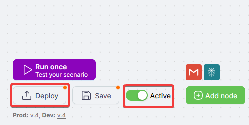 Низ редактора: переключатель активности и кнопка «Развернуть» / Deploy