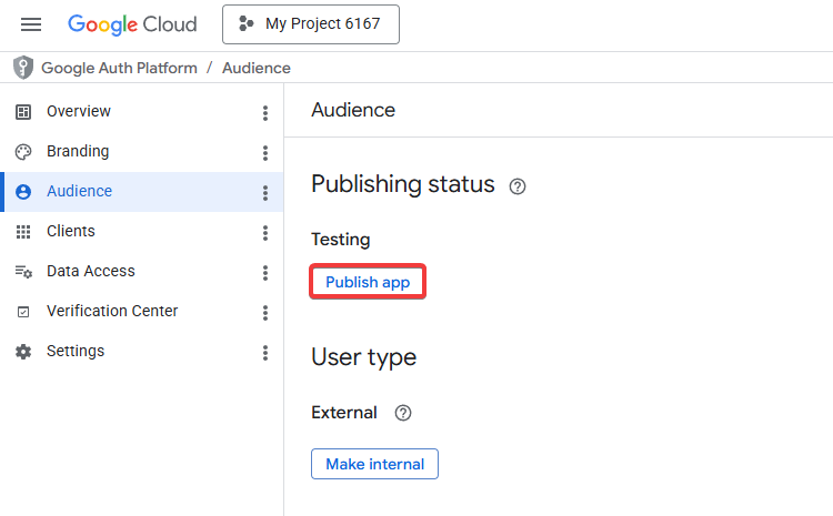 Кнопка Publish app в разделе Audience