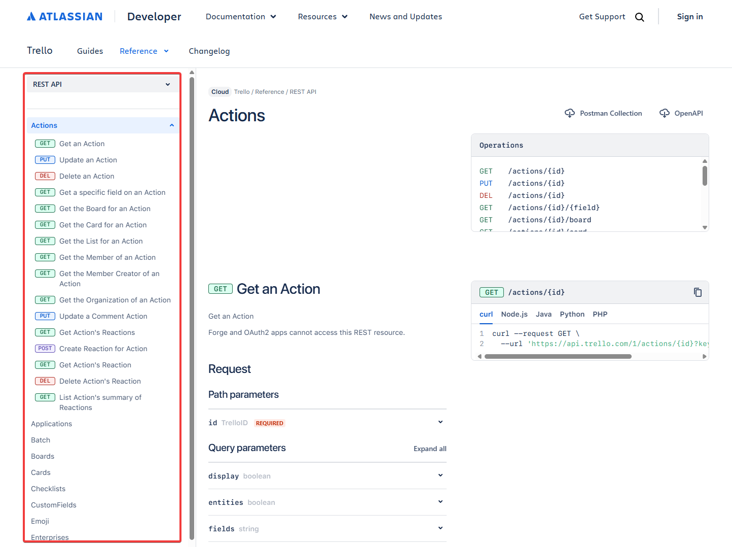 Страница Trello REST API с разделами в боковом меню