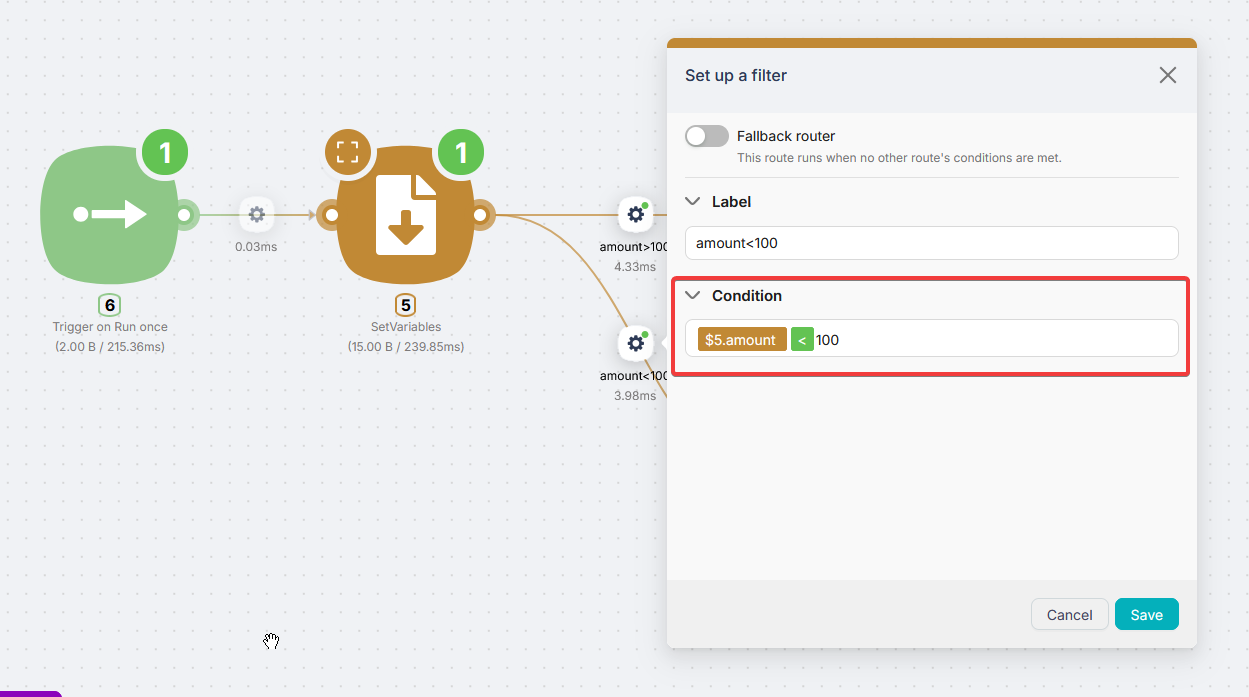 Панель настройки фильтра на связи с двумя ветками по значению amount