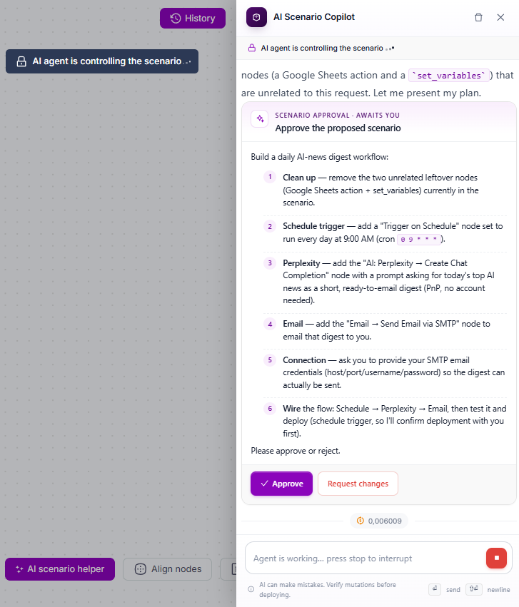 Карточка Scenario approval с кнопками Approve и Request changes