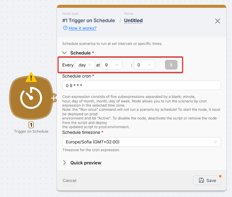 Панель Trigger on Schedule: Every day at 9:00, поле Schedule cron и Schedule timezone