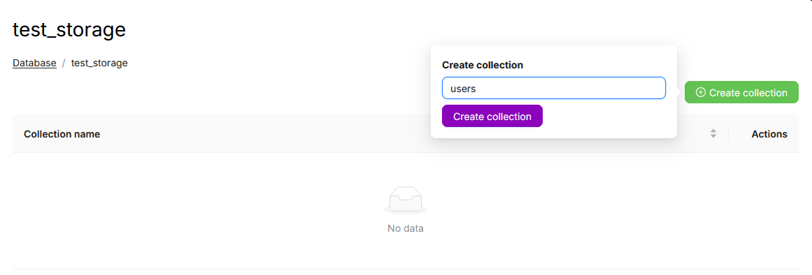 Страница хранилища и диалог Create collection