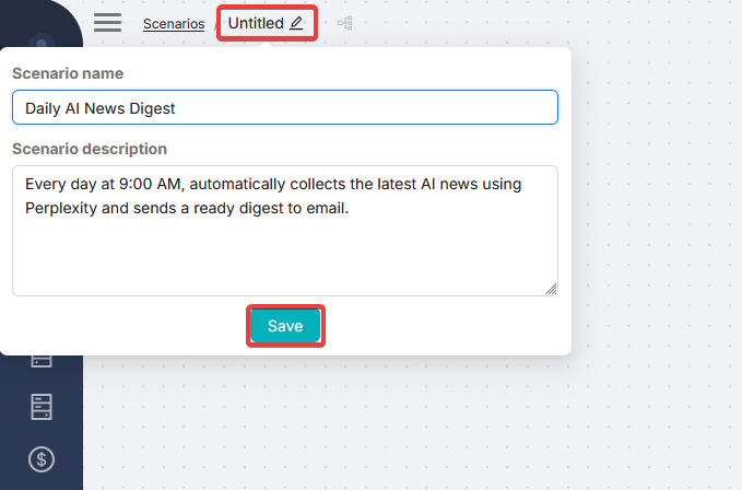 Создание сценария: название, описание и сохранение