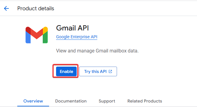 Кнопка Enable для включения выбранного API
