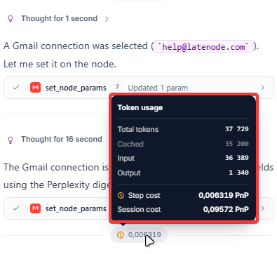 Всплывающее окно Token usage: total tokens, step cost и session cost в PnP