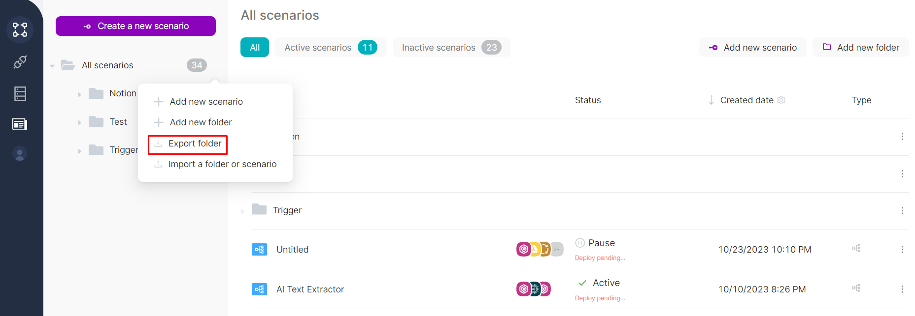 Действие экспорта папки