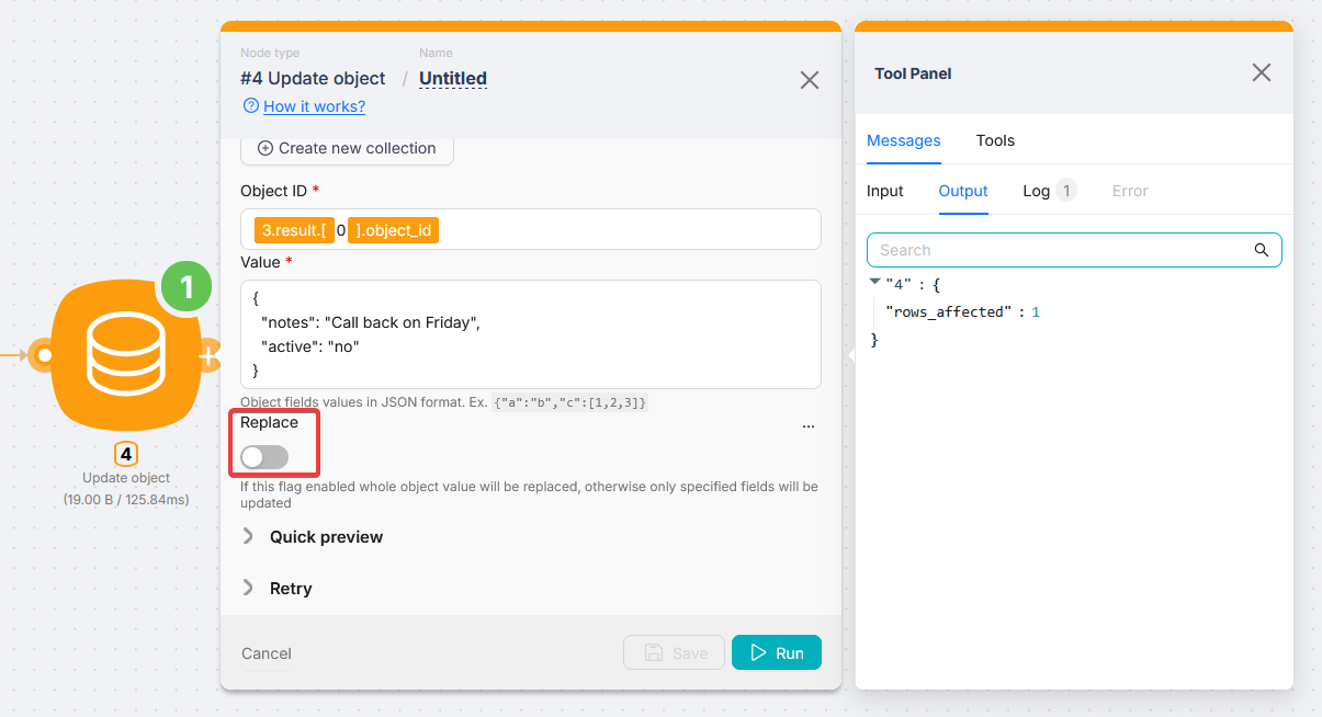Update object: частичное обновление (Replace выкл)