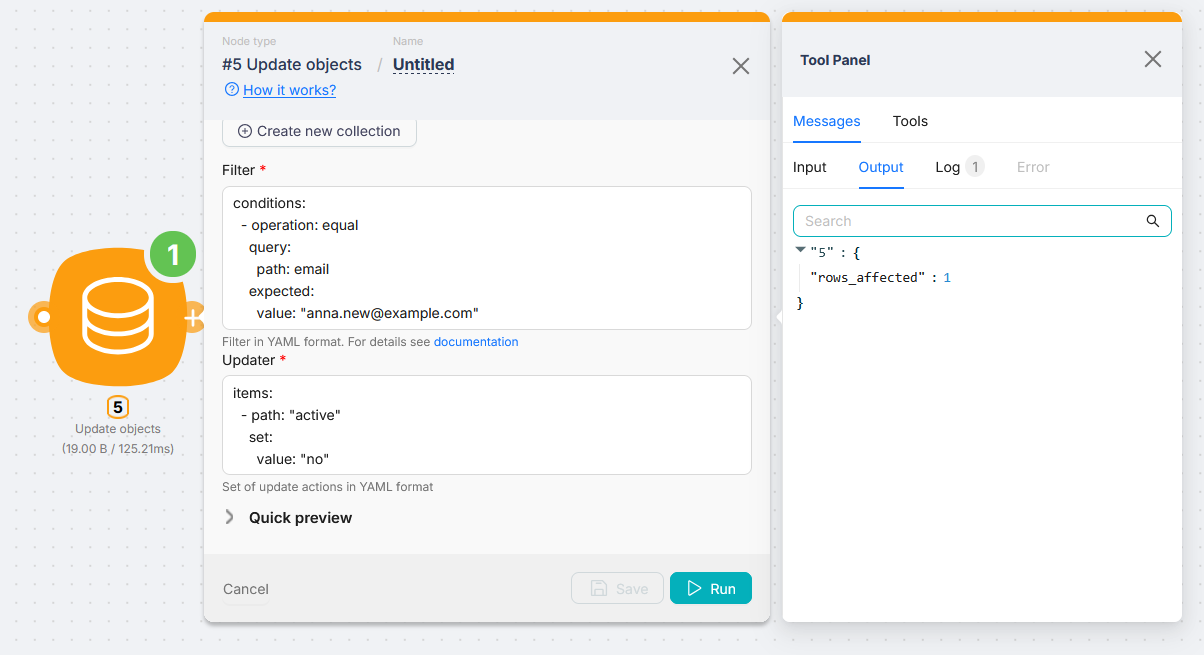 Update objects: Filter и Updater (items), в выводе rows_affected